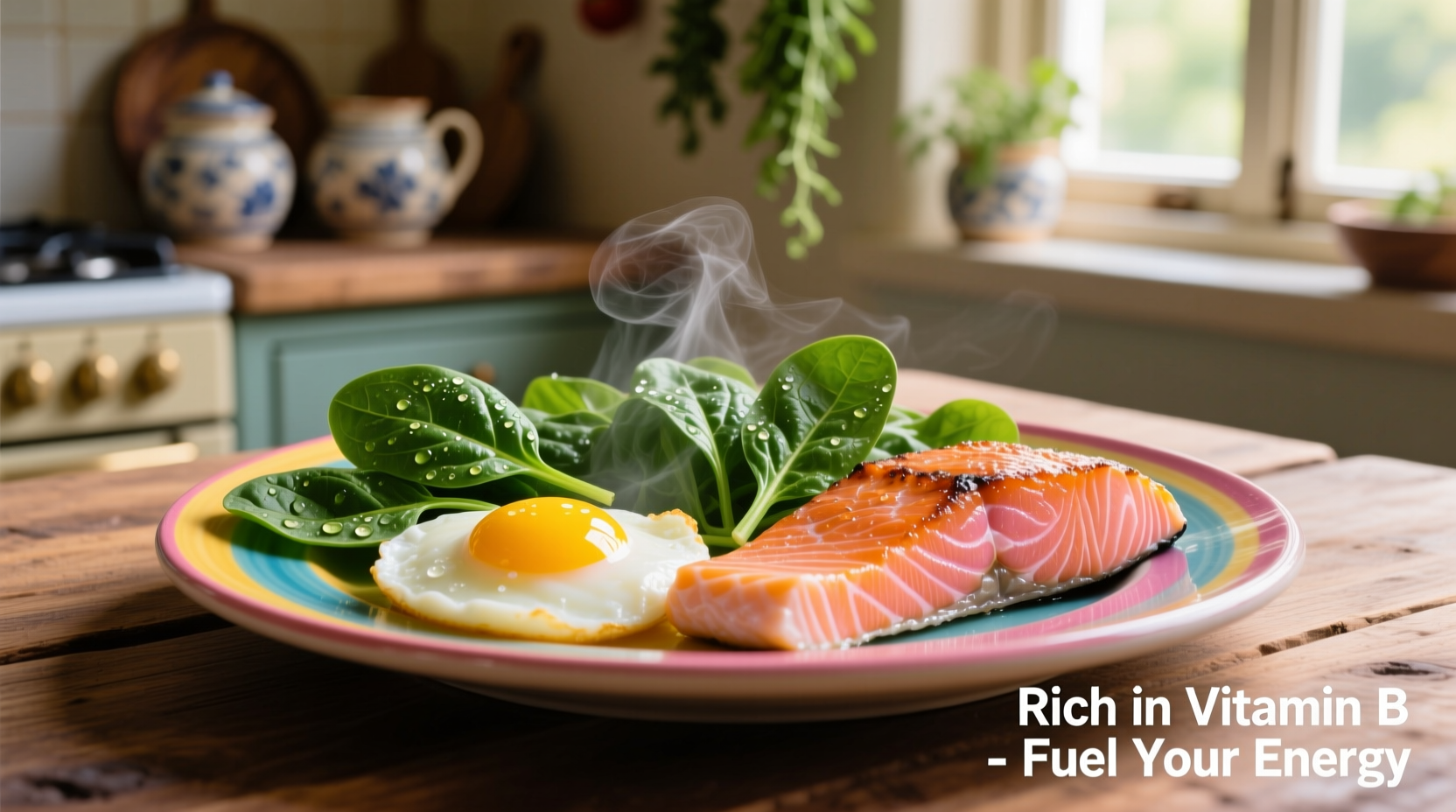 Colorful plate of vitamin B-rich foods including eggs, spinach, and salmon