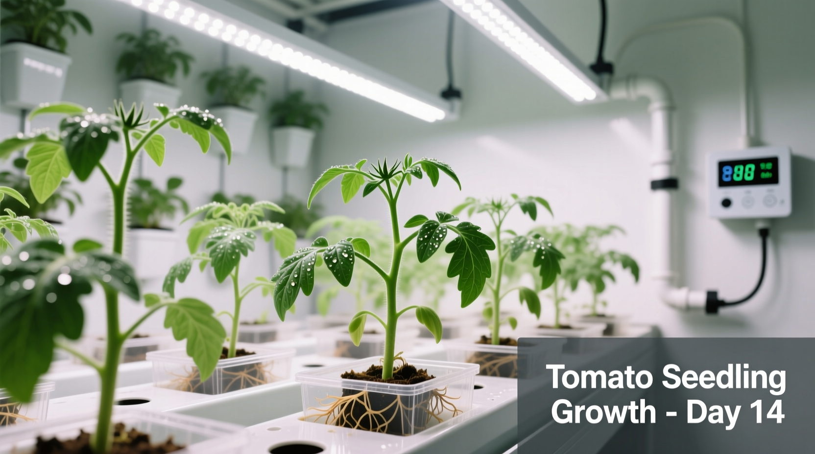 Tomato seedlings growing under grow lights in indoor setup