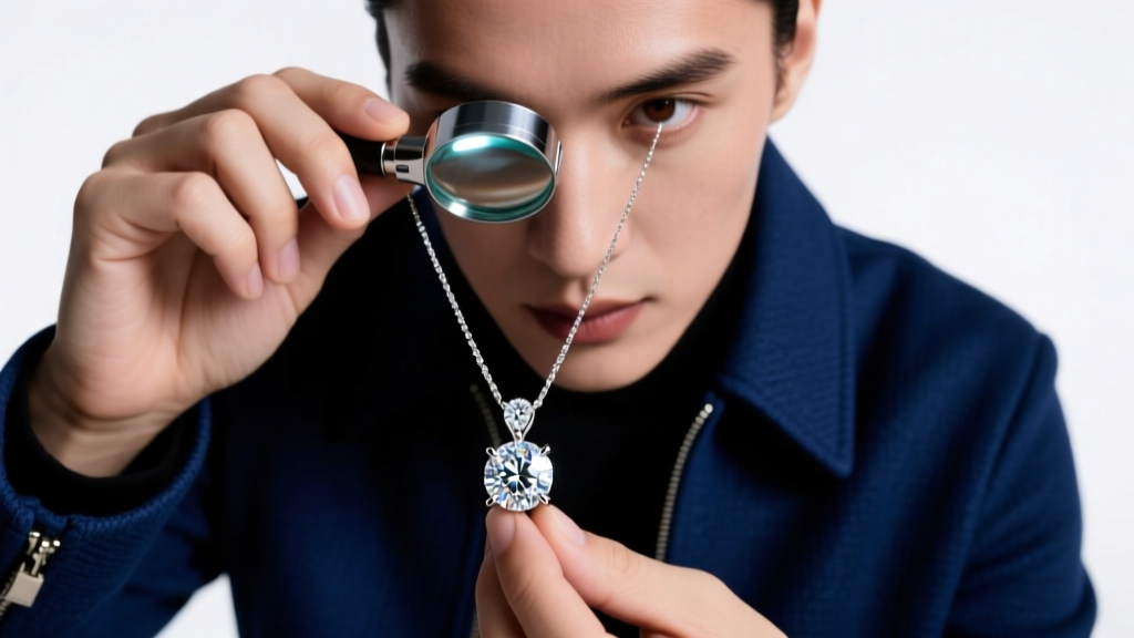Jeweler inspecting a four-prong diamond pendant setting with a 10x triplet loupe under bright LED studio lighting.