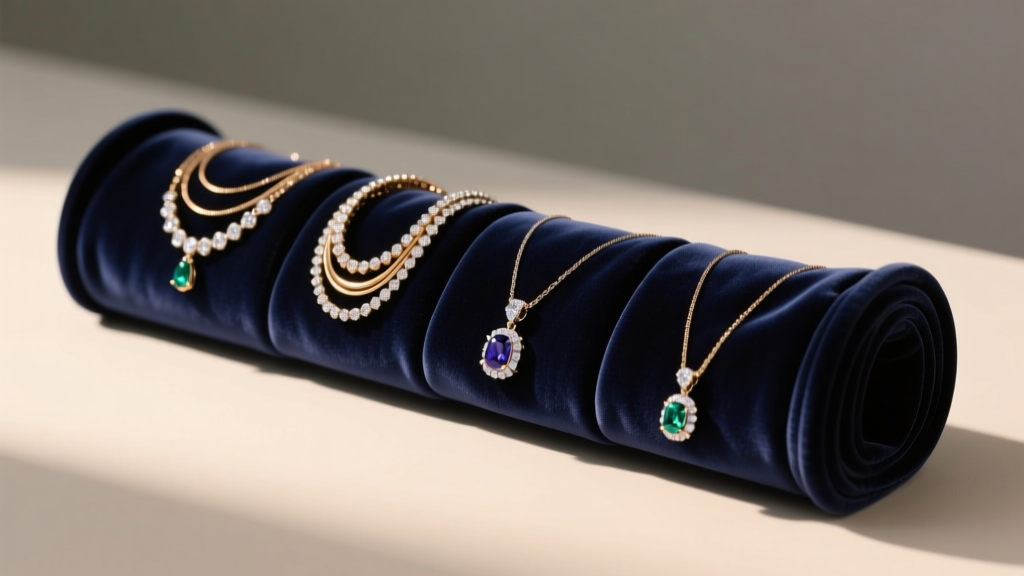 Navy velvet jewelry roll showing padded slots holding neatly coiled, untangled pendant necklaces under warm ambient lighting