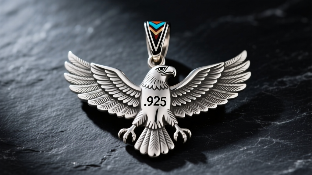 Macro shot of a Navajo sterling silver eagle pendant showing the .925 stamp and artisan hallmark on dark slate.