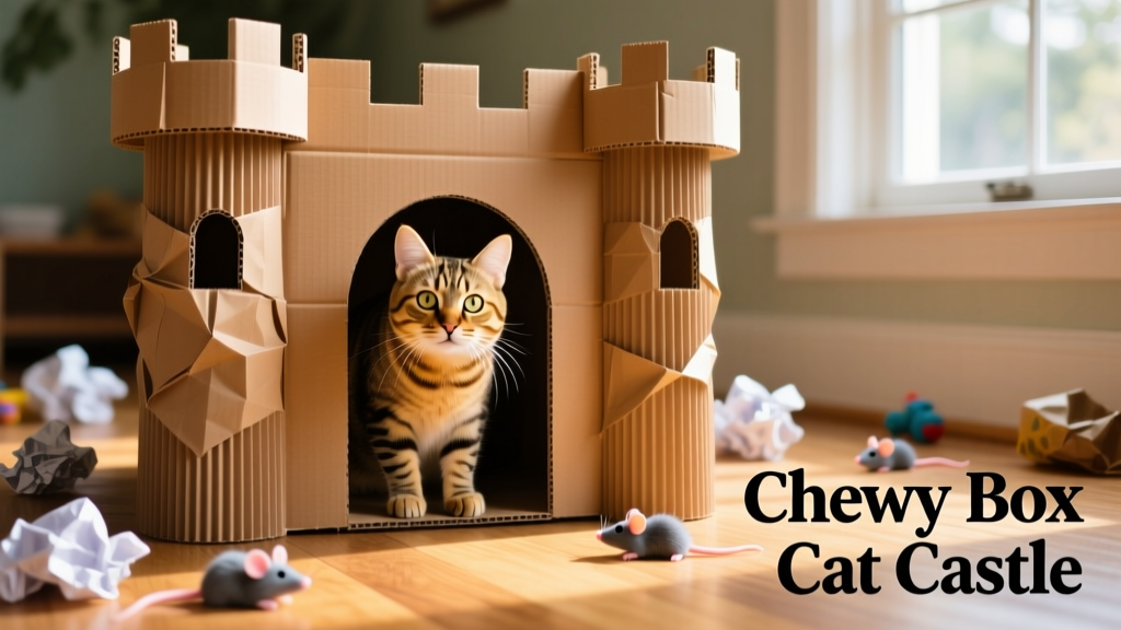 A playful cat peeking out from a cardboard castle with arched doorway and crenellated tower top