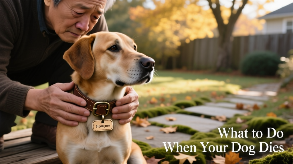 A pet parent holding their dog's collar with quiet reverence