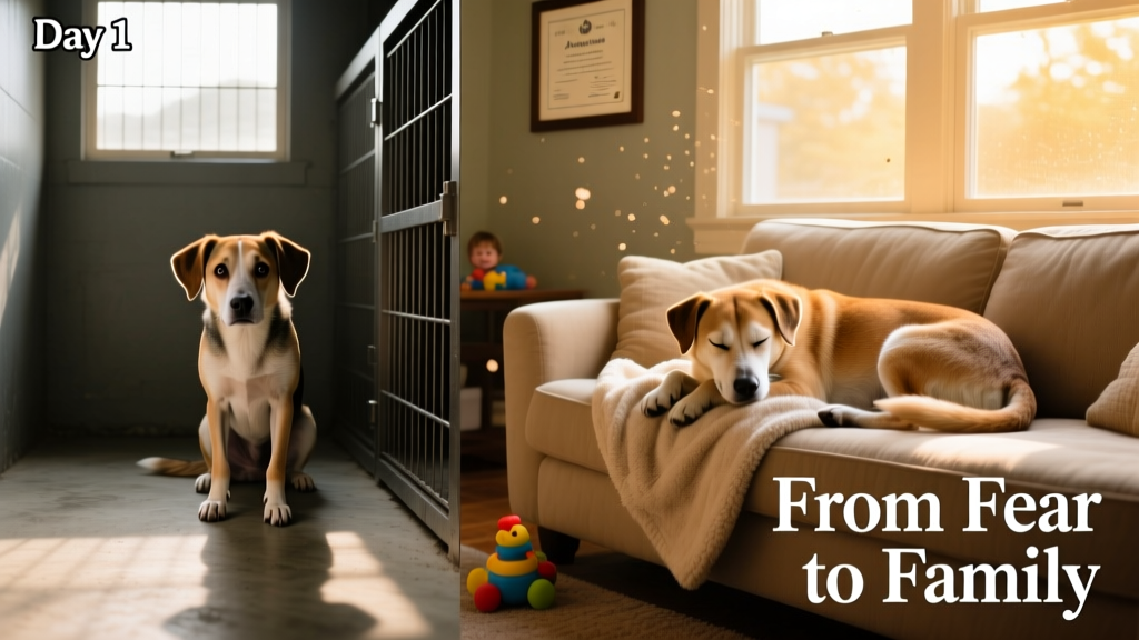 A serene side-by-side photo: a nervous shelter dog on Day 1, then the same dog curled peacefully on a couch three months later