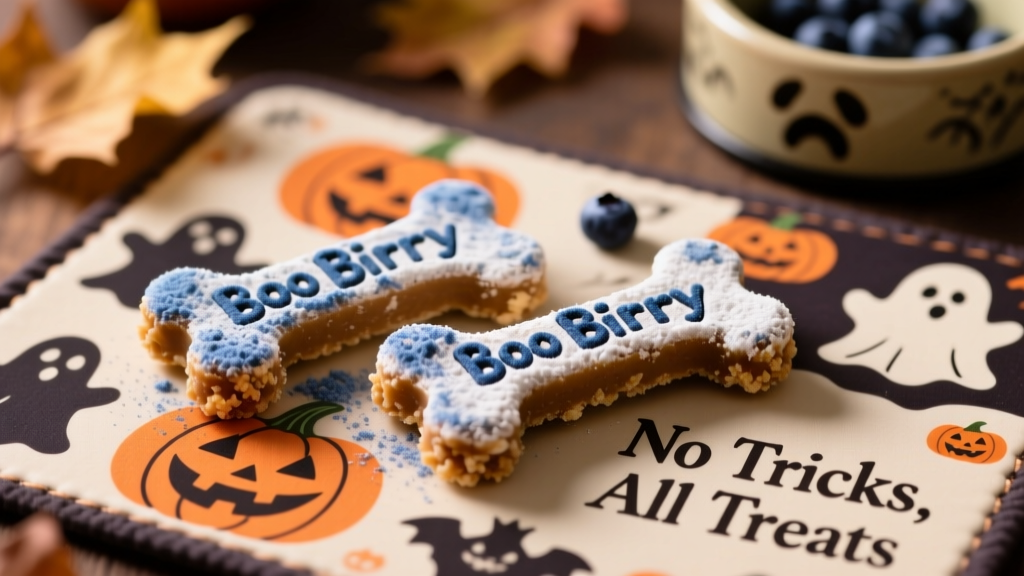 A close-up of two Boo Berry Bone treats on a Halloween-themed placemat, dusted lightly with dried blueberry powder