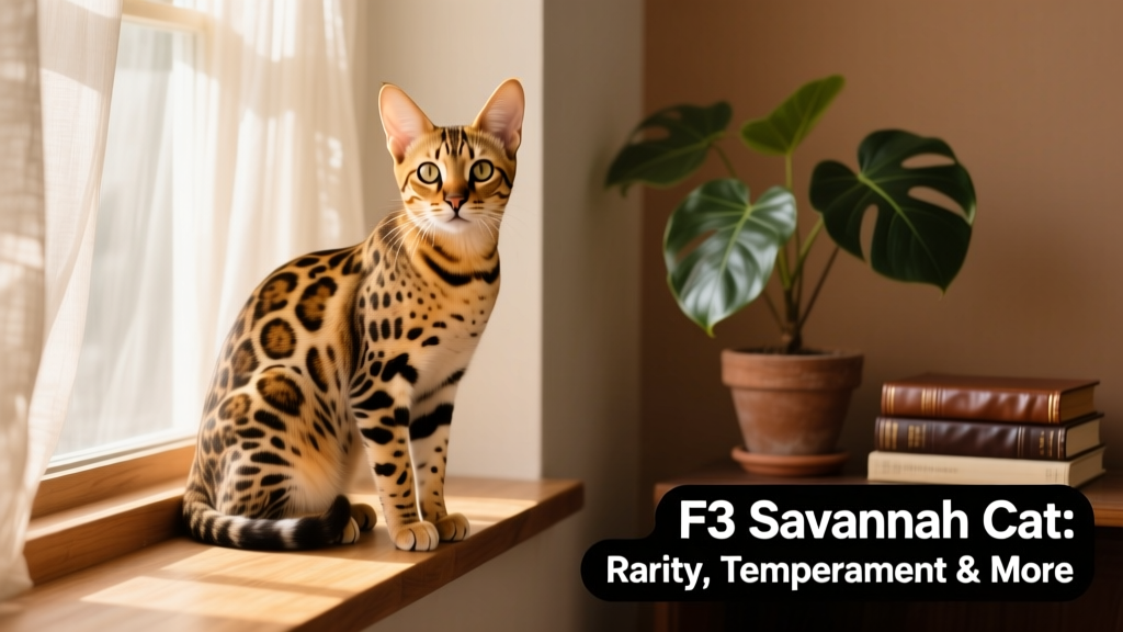 A sleek, golden-spotted F3 Savannah cat sitting alertly on a sunlit windowsill, showcasing its large ears and expressive eyes