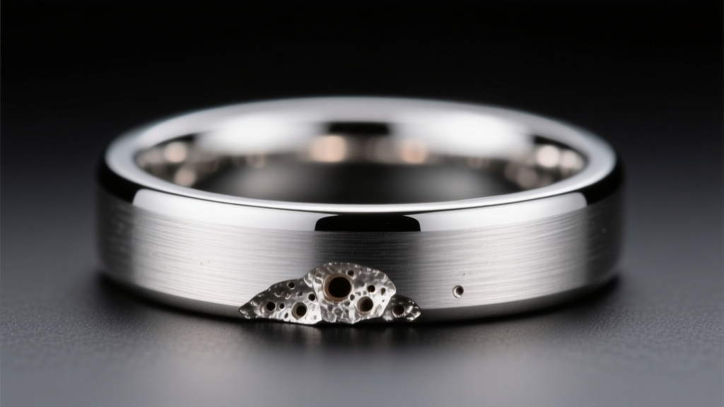 Macro photography of a raw platinum ring casting showing minor gas porosity near the sprue base under bright studio lighting