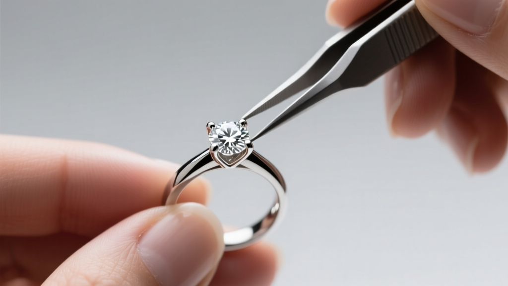 Hands using a prong pusher tool to carefully tighten a four-prong setting holding a round diamond in a platinum ring.