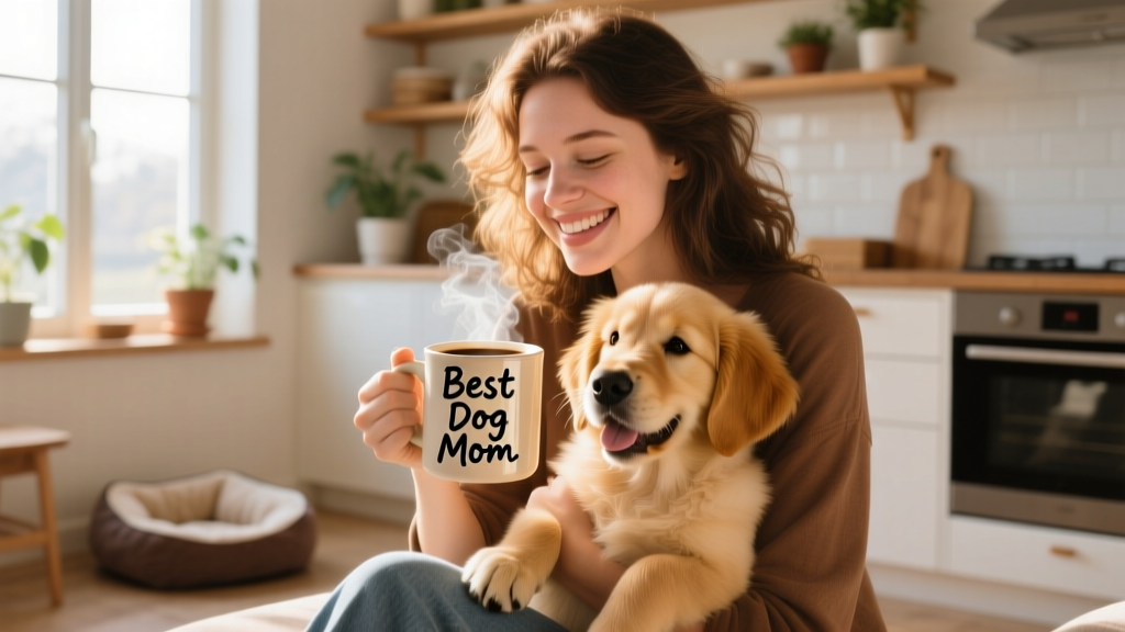 A cheerful dog mom holding her pup while sipping coffee from a personalized 'Best Dog Mom' mug