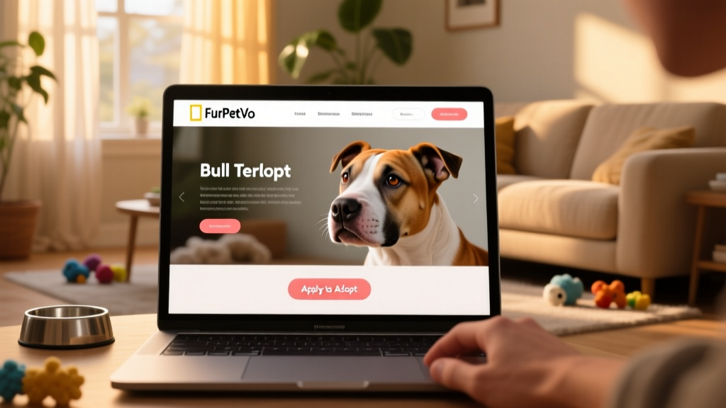A laptop screen showing the FurPetVo homepage with a Bull Terrier's profile open—displaying photos, bio text, and 'Apply to Adopt' button