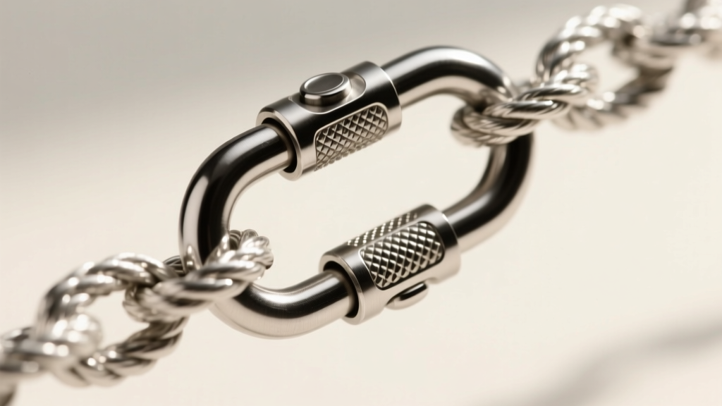 Close-up of a reinforced steel lobster clasp on an 18-inch sterling silver rope chain, showcasing heavy-duty jewelry findings