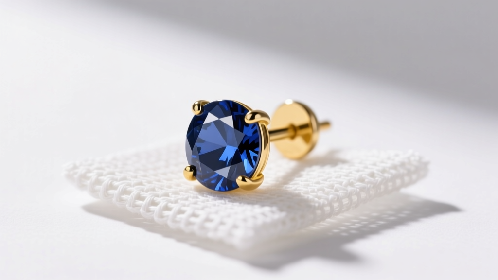 Macro shot of a 14k yellow gold threadless push-pin earring end with a bezel-set sapphire, resting on a sterile white gauze pad.