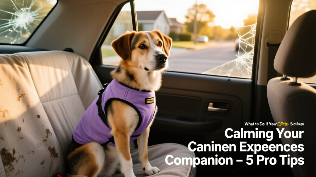 Dog wearing a calming vest, sitting on a car seat cover with windows cracked open