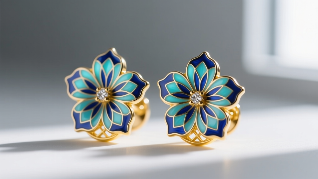 Macro shot of guilloché enamel blue floral earrings showing translucent layers over engraved 14k yellow gold metal base