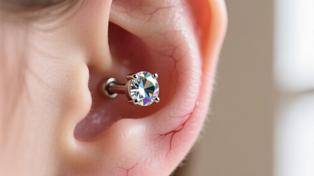 Profile view of an 8mm zirconia magnetic stud on the upper cartilage, creating a realistic and seamless faux-piercing effect.