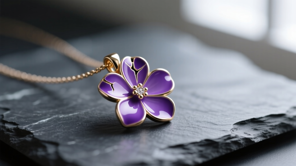Macro shot of a purple enamel flower necklace pendant on dark slate, highlighting a small chip on the edge of one floral petal