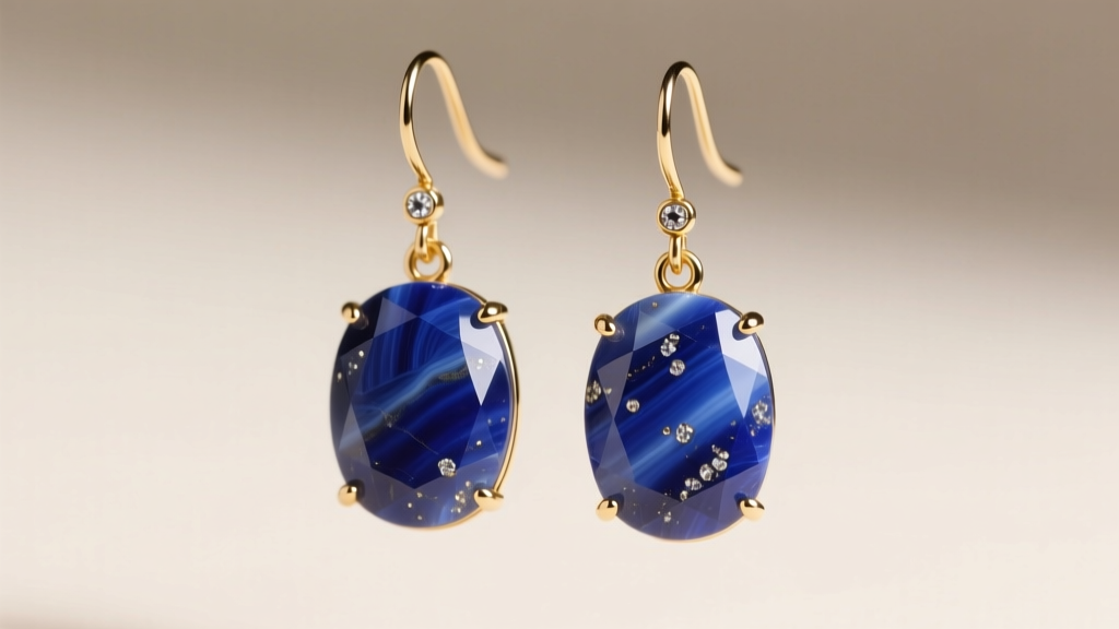 Macro shot of lapis dangle earrings with deep blue stones and pyrite flecks hanging from gold French hooks in soft lighting.