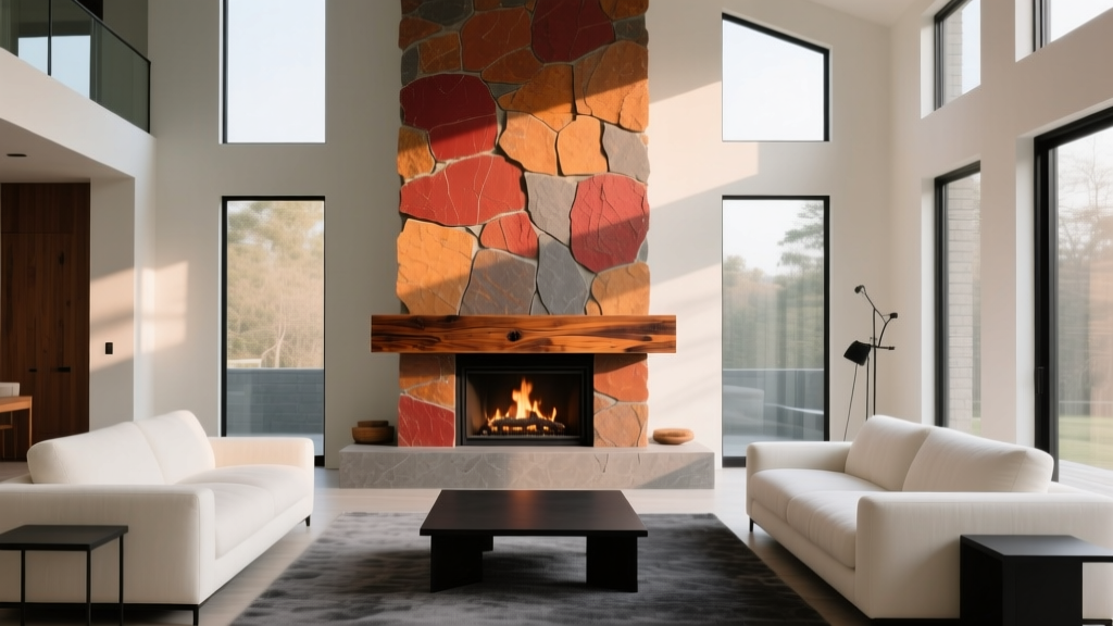 Modern living room featuring a floor-to-ceiling fireplace clad in warm earth-toned manufactured stone veneer with a reclaimed wood mantel