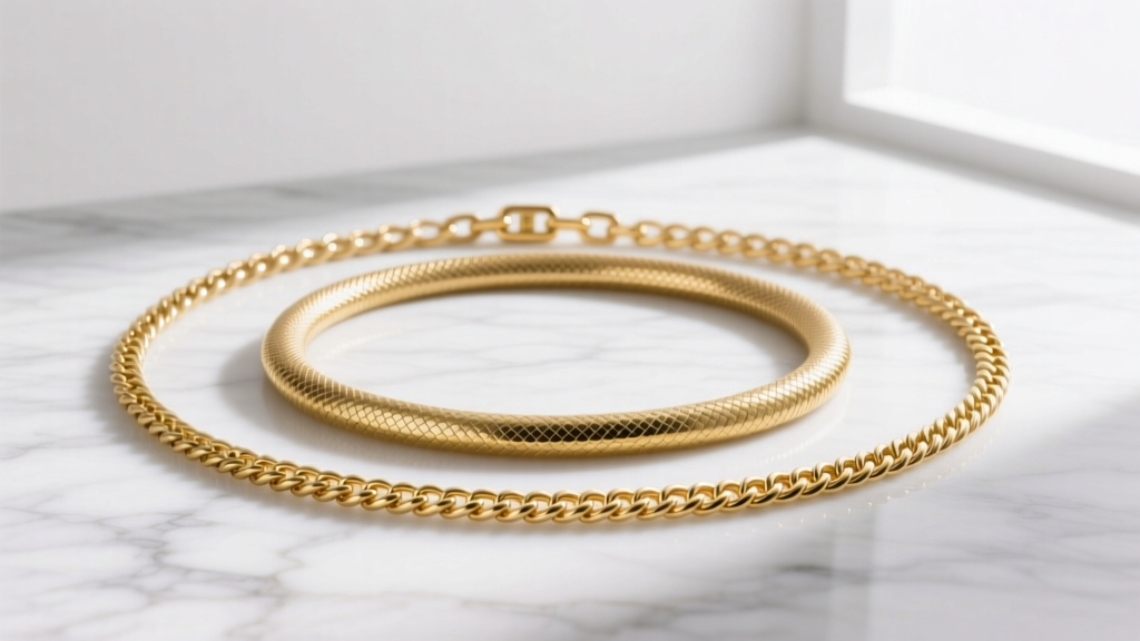 Flat lay of a 14k gold 16-inch cable chain and 18-inch snake chain layered on marble, showing distinct spacing and zero tangling.