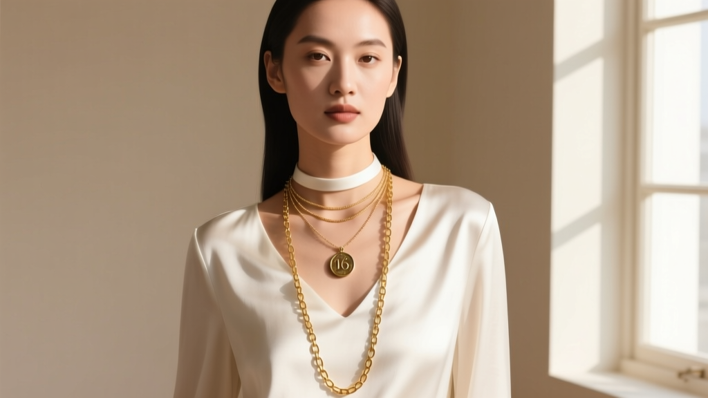 Woman wearing a layered stack with a 14-inch choker, 16-inch coin pendant, and 20-inch gold chain over a crisp white silk top.