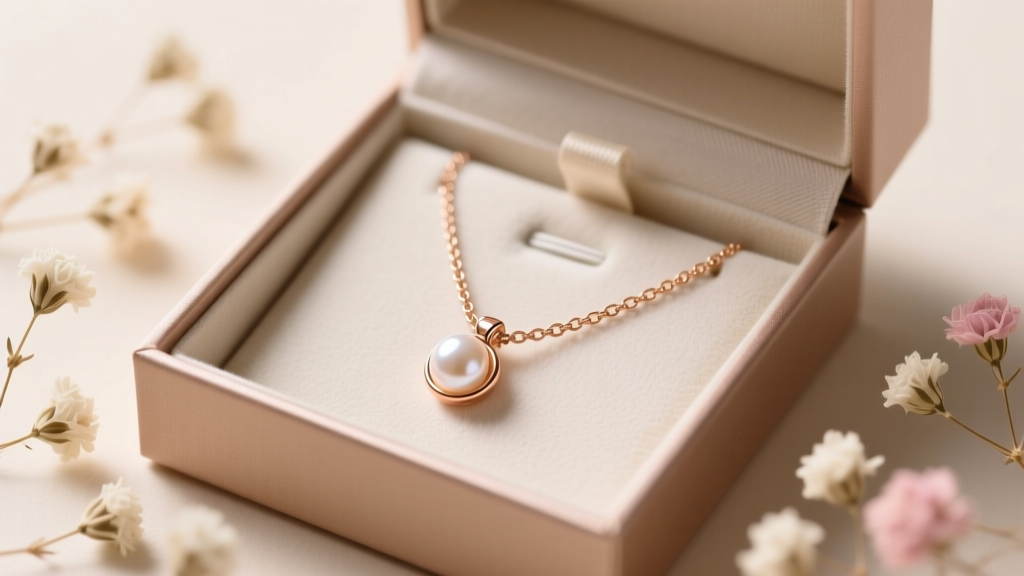 Open gift box revealing a delicate rose gold choker necklace with a pearl pendant, surrounded by dried baby's breath flowers