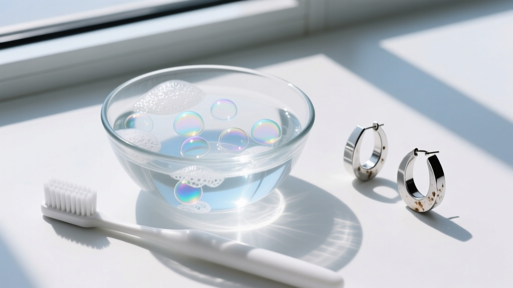 Overhead view of a glass bowl with soapy water and a soft toothbrush, beside dull silver-plated fashion hoop earrings