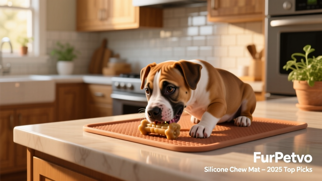 FurPetVo Silicone Chew Mat adhered to a kitchen counter with a puppy chewing contentedly on one corner