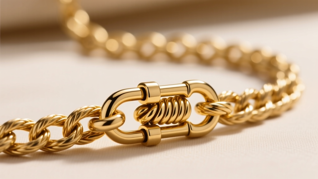 Macro shot of a secure lobster clasp on a 14k gold rope chain, showcasing the polished metal texture and sturdy spring mechanism