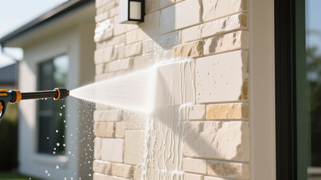 Cream-colored Austin stone veneer on a home exterior being gently cleaned with a low-pressure washer and pH-neutral detergent.