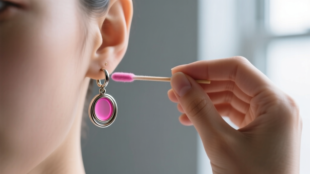Hands using a dimethylglyoxime nickel test swab on a mystery metal earring post, revealing a pink reaction indicating nickel.