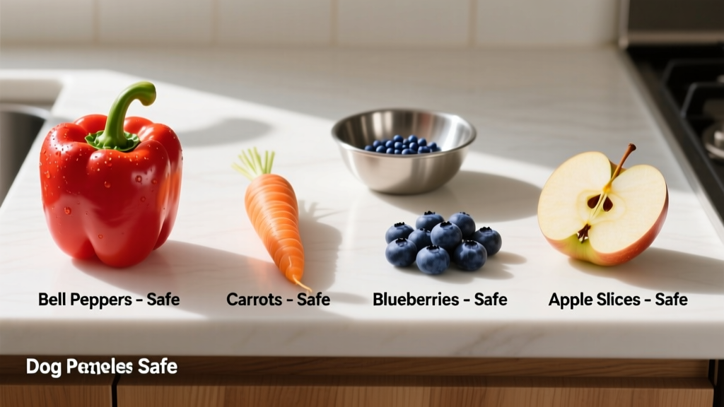 Side-by-side comparison of dog-safe produce: bell peppers, carrots, blueberries, and apple slices on a clean kitchen counter