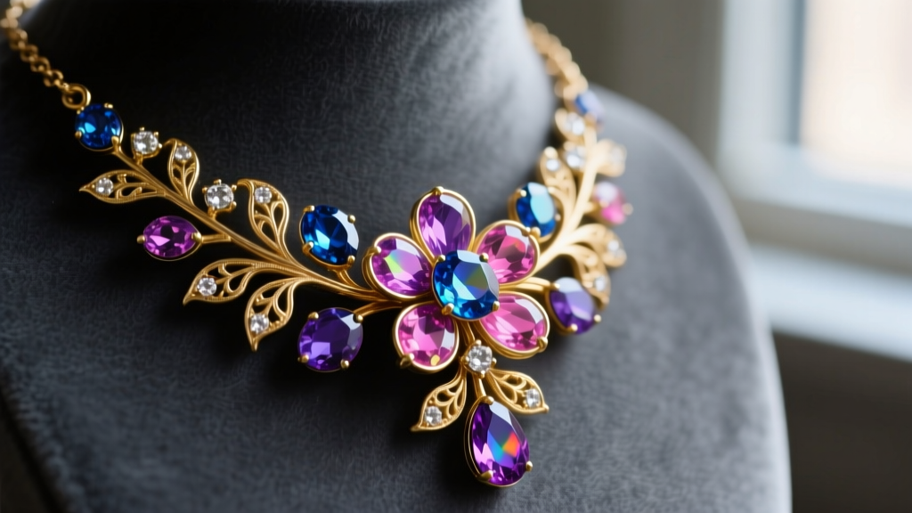 Macro shot of a vintage Kramer New York gold floral necklace with clear and aurora borealis rhinestones on dark grey velvet.