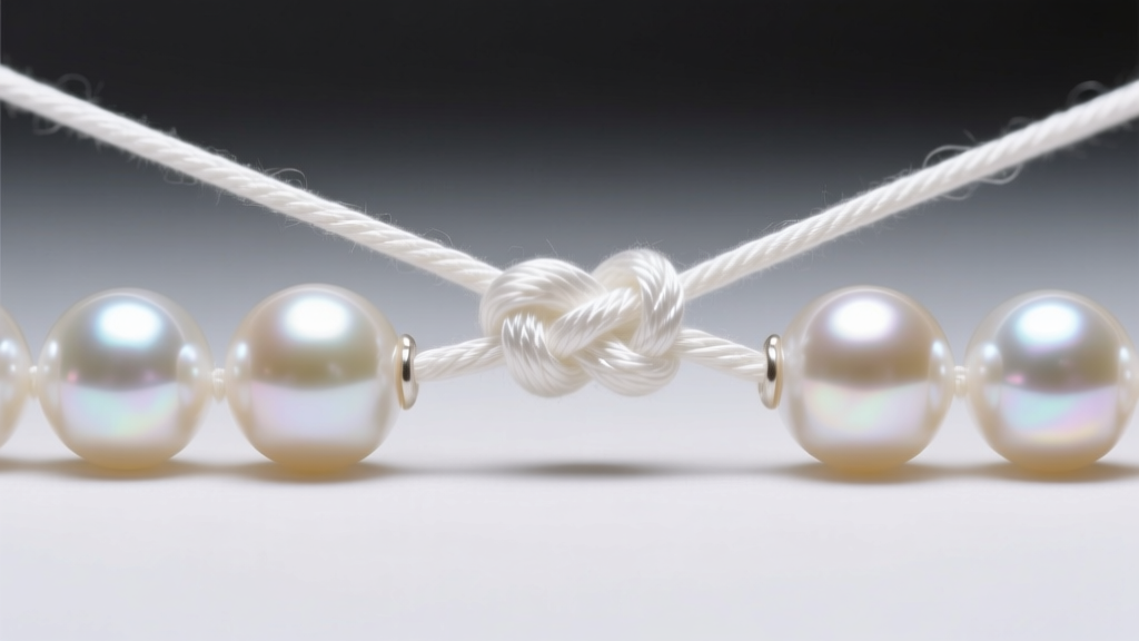 Close-up of hand-knotted white silk thread between round South Sea pearls, focusing on the spacing and secure knotting technique.