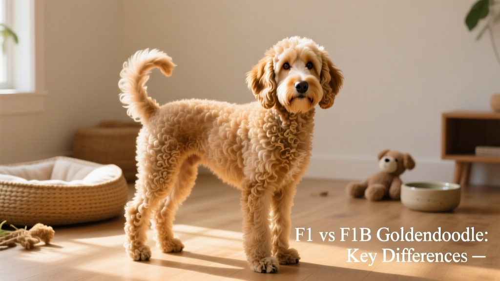 An F1B Goldendoodle with a tightly curled, low-shedding coat, standing alert with visible facial furnishings and a graceful posture