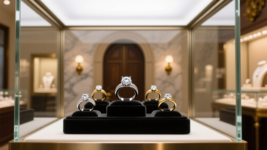 Illuminated glass display case at a traditional fine jewelry retailer showcasing platinum and 18k gold diamond solitaire rings.