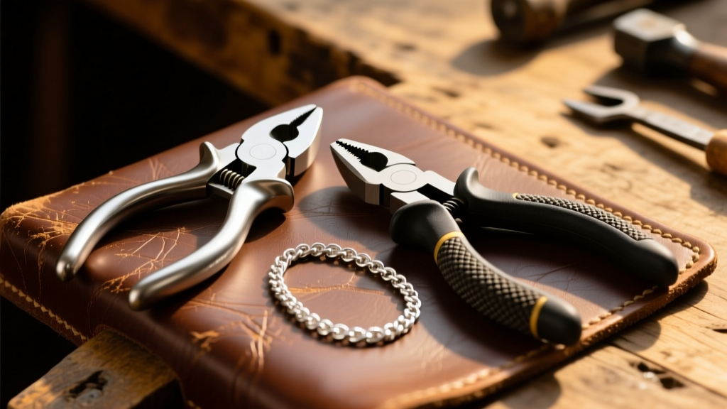 Titanium flush cutters and nylon pliers resting beside sterling silver chain on a textured leather jeweler bench under warm light.