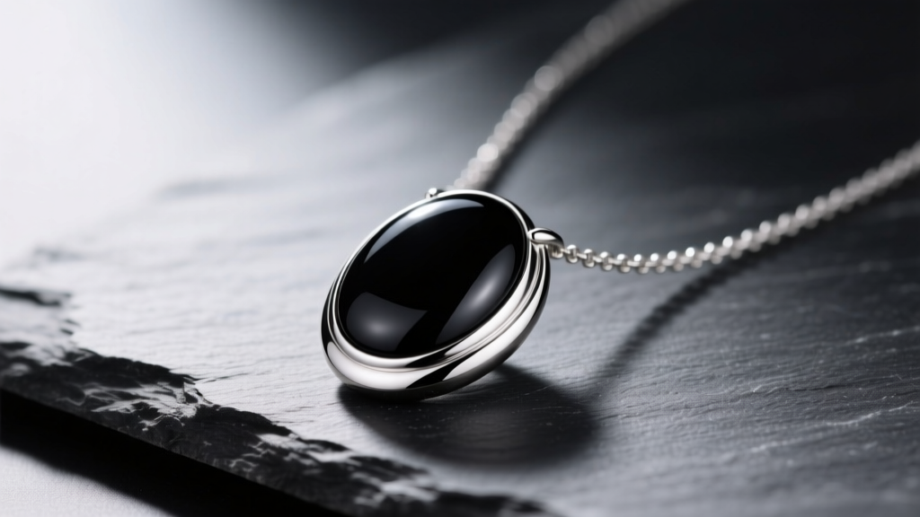 A mens black onyx necklace featuring a smooth oval cabochon pendant set in brushed sterling silver, resting on dark slate