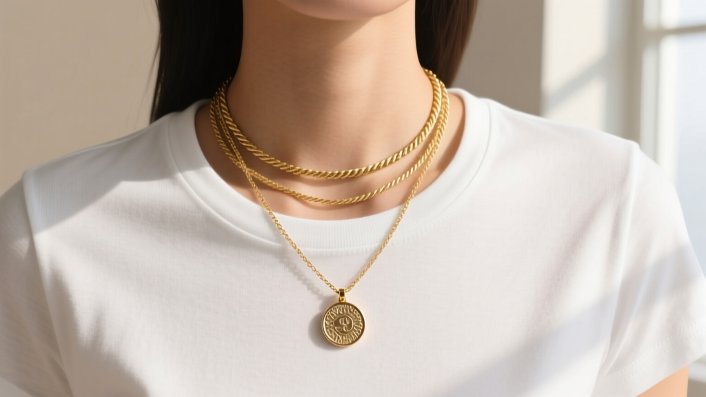 A white crew t-shirt styled with a layered 14k gold necklace stack, featuring a 2mm rope chain and small textured coin pendant.