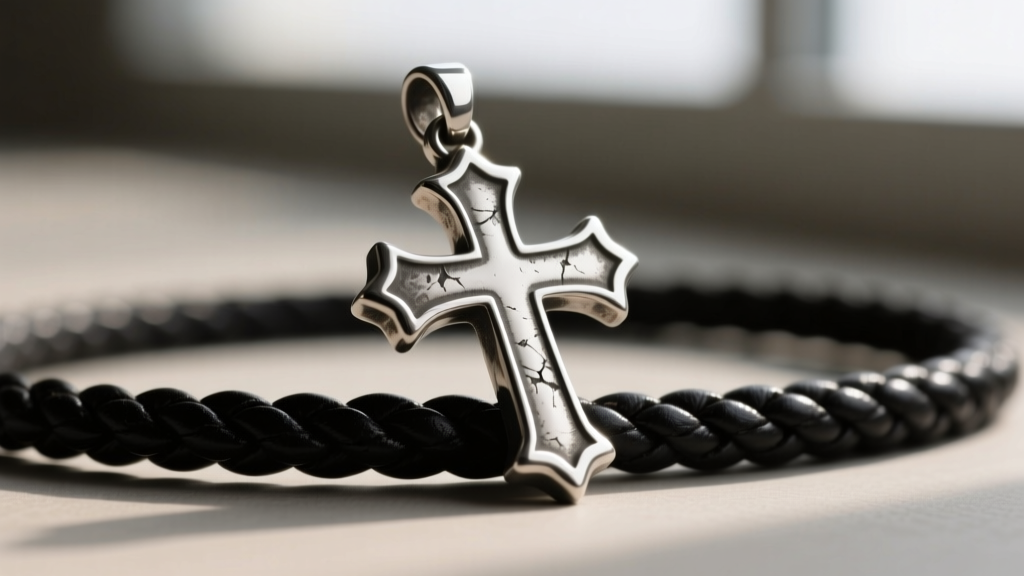 Close-up of a weathered sterling silver Latin cross pendant with beveled edges on a braided black leather cord, moody lighting.