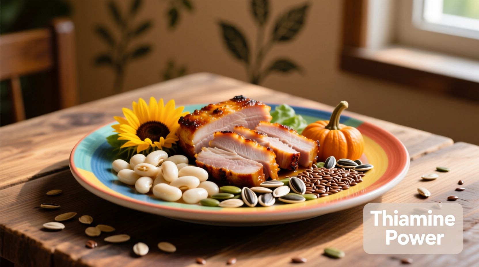 Colorful plate of thiamine-rich foods including pork, beans, and seeds