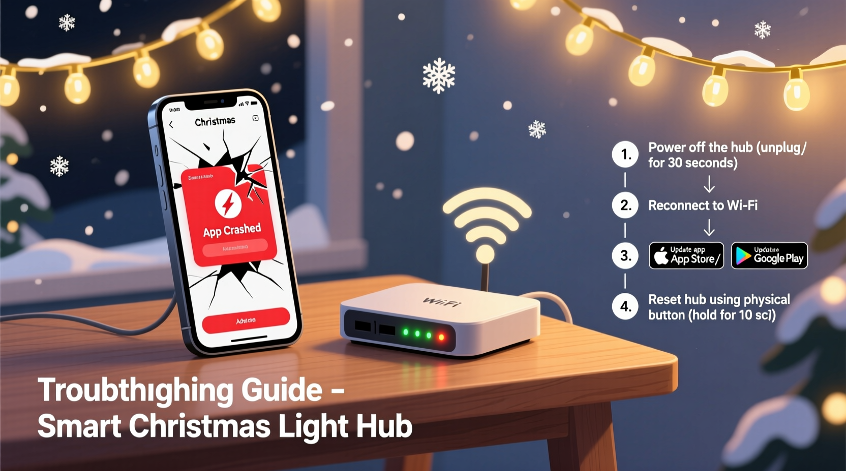 why does my smart christmas light app crash and how to reset the hub