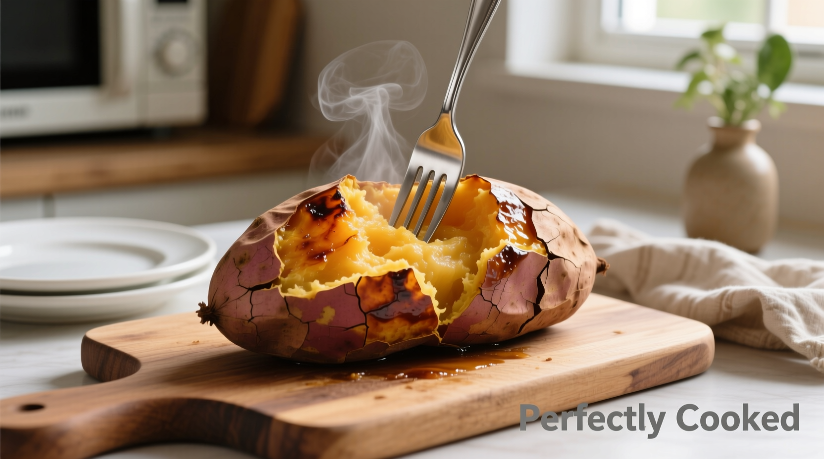 Perfectly cooked microwave sweet potato with fork showing tender interior