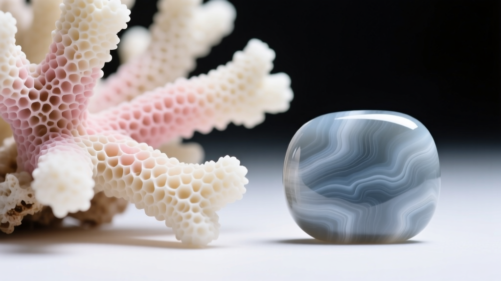 Magnified view of genuine angel skin coral natural grain next to smooth dyed howlite simulant under bright gemological lighting