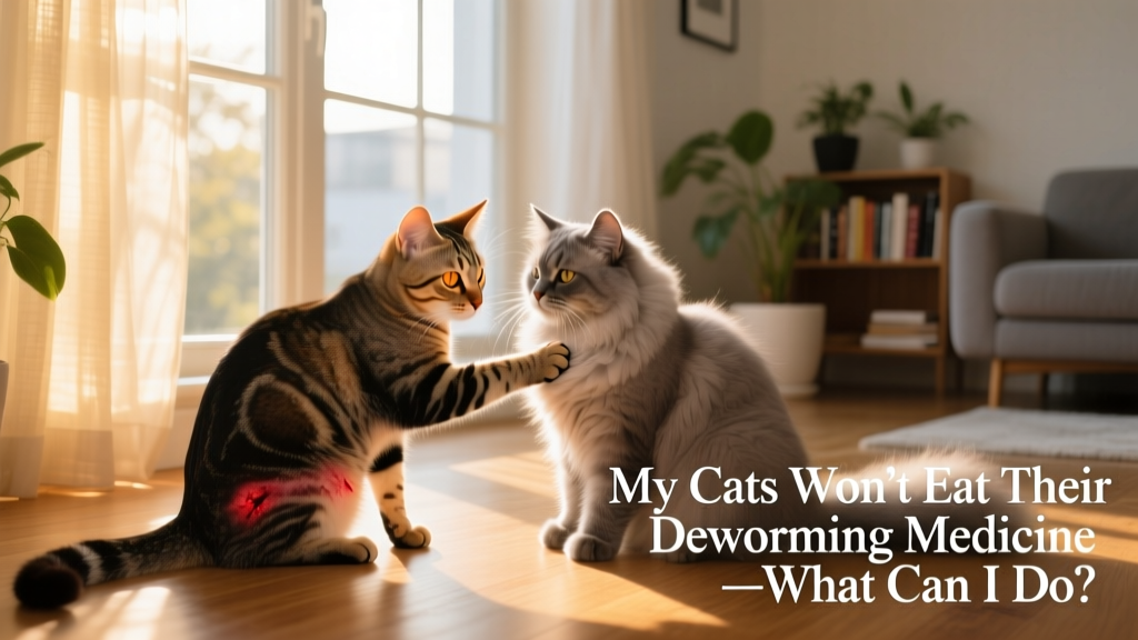 Two indoor cats grooming near a sunny window, showing signs of mild skin irritation on hindquarters