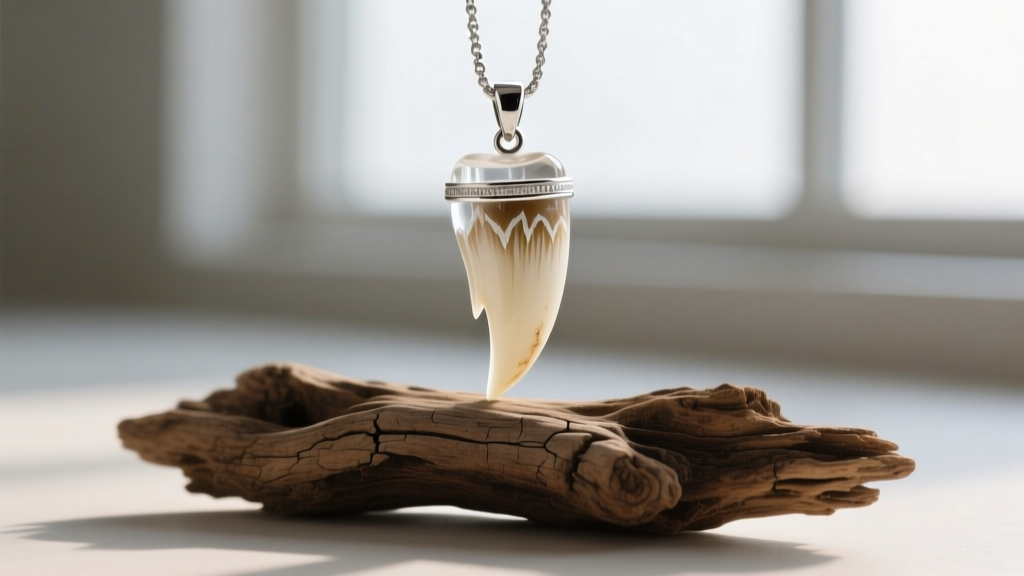 Naturally shed wolf canine tooth sealed in clear resin with a sterling silver bail, displayed on raw driftwood in soft lighting.