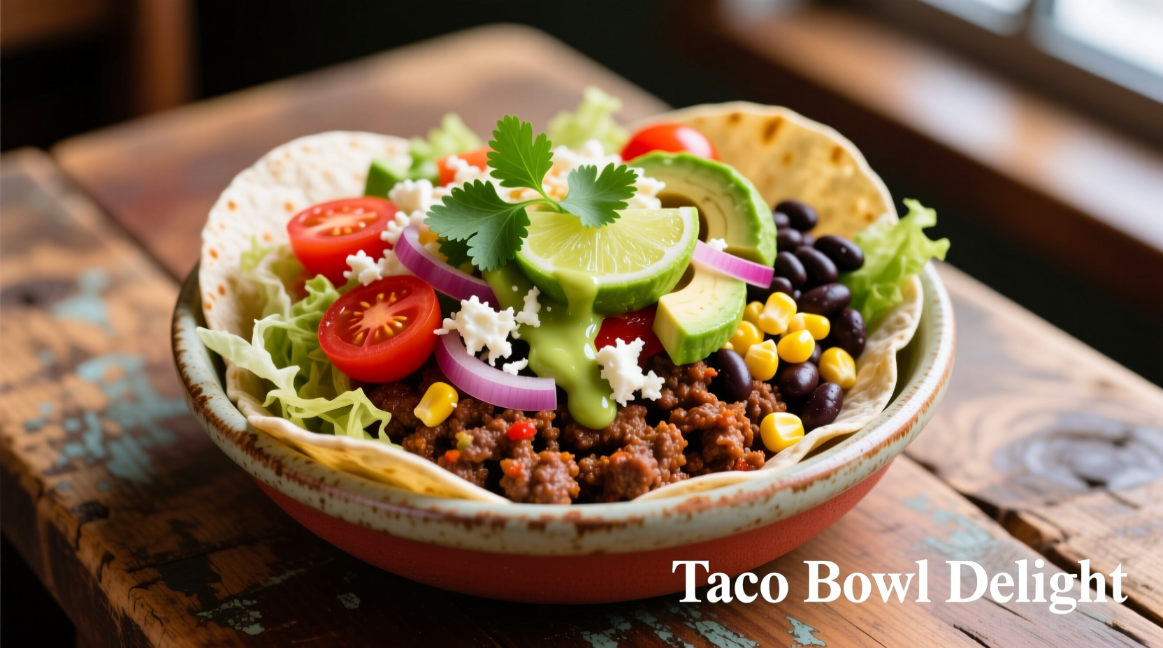 Colorful ground beef taco bowls with fresh toppings
