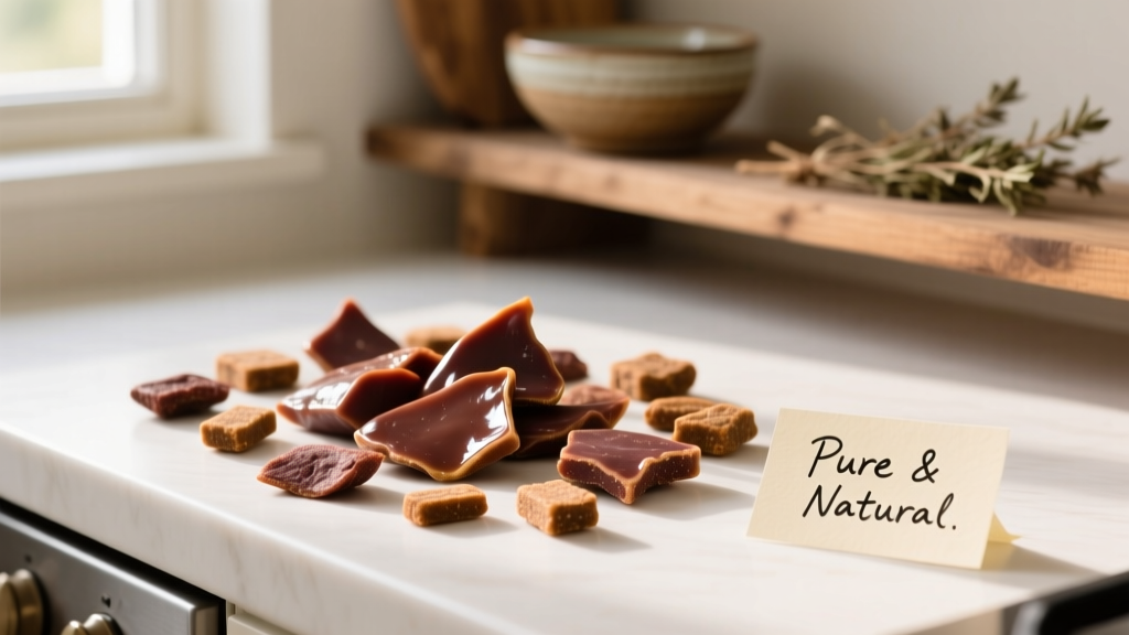 Close-up of freeze-dried liver treats scattered on a clean kitchen counter