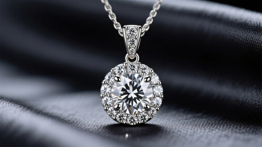 Macro view of platinum micro-pave pendant, highlighting tiny durable prongs securing diamonds against a blurred dark silk fabric