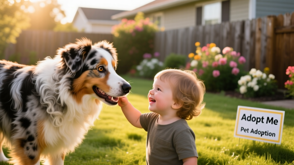 Happy Australian Shepherd playing gently with a child in a sunlit backyard, symbolizing a successful rehoming outcome