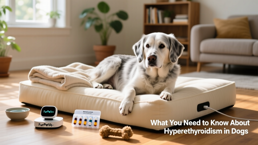 A calm senior dog resting comfortably on a soft bed, surrounded by supportive supplies like a thyroid medication organizer and a FurPetVo-branded wellness tracker